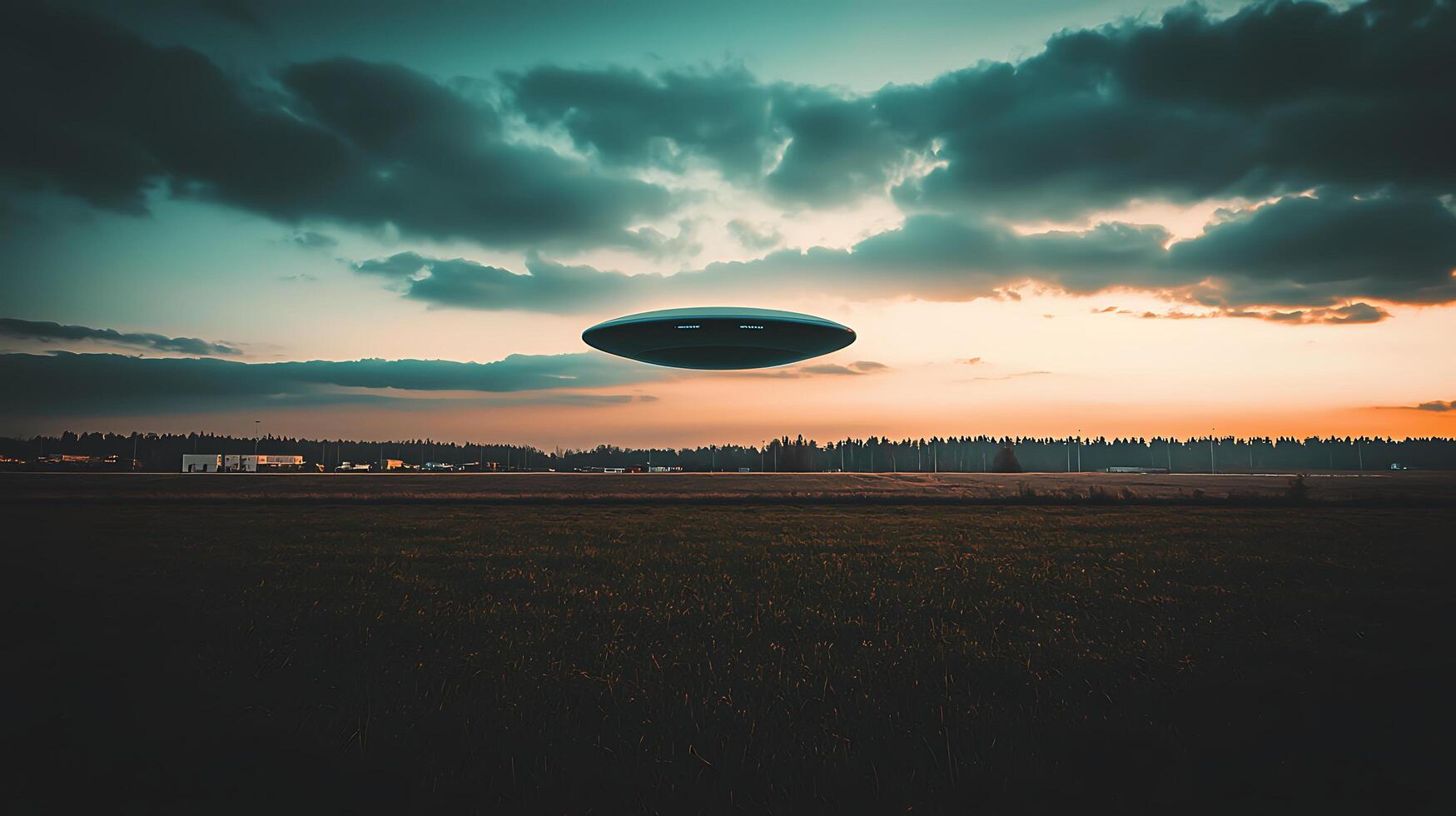 Unidentified Flying Object Hovers Over Rural Field at Sunset. photo