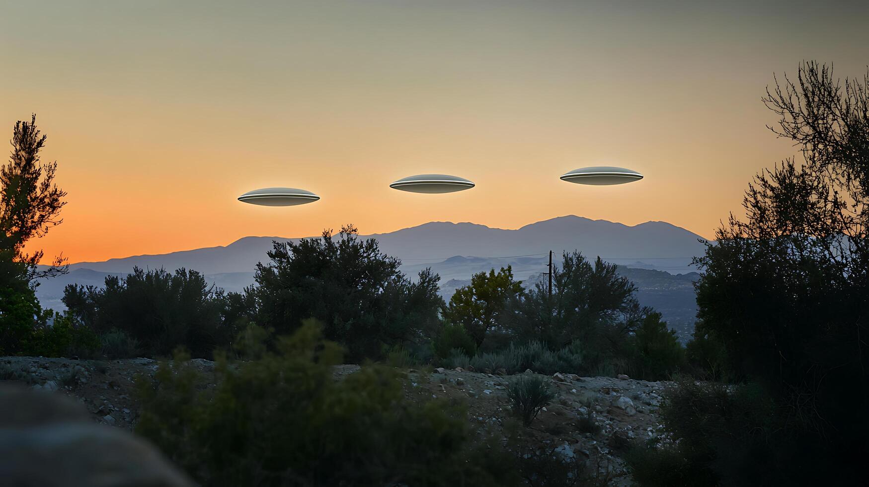 Three UFOs Hovering Over Distant Mountains at Sunset. photo