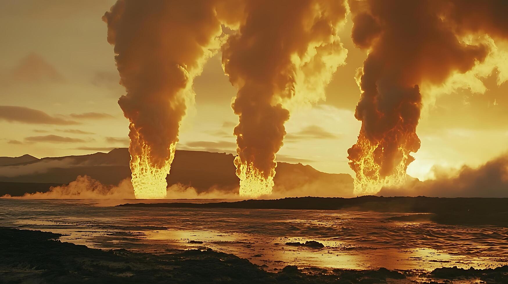 Fiery Geothermal Steam Erupts from Volcanic Landscape at Sunrise. photo