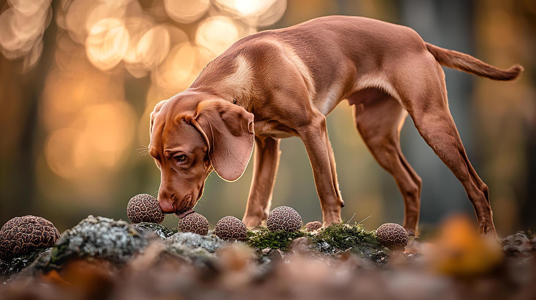 Curious dog sniffs unusual textured mushrooms in golden forest light. photo