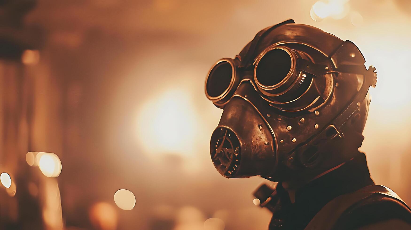 Steampunk Gas Mask Warrior Emerges from Foggy Apocalypse Scene. photo