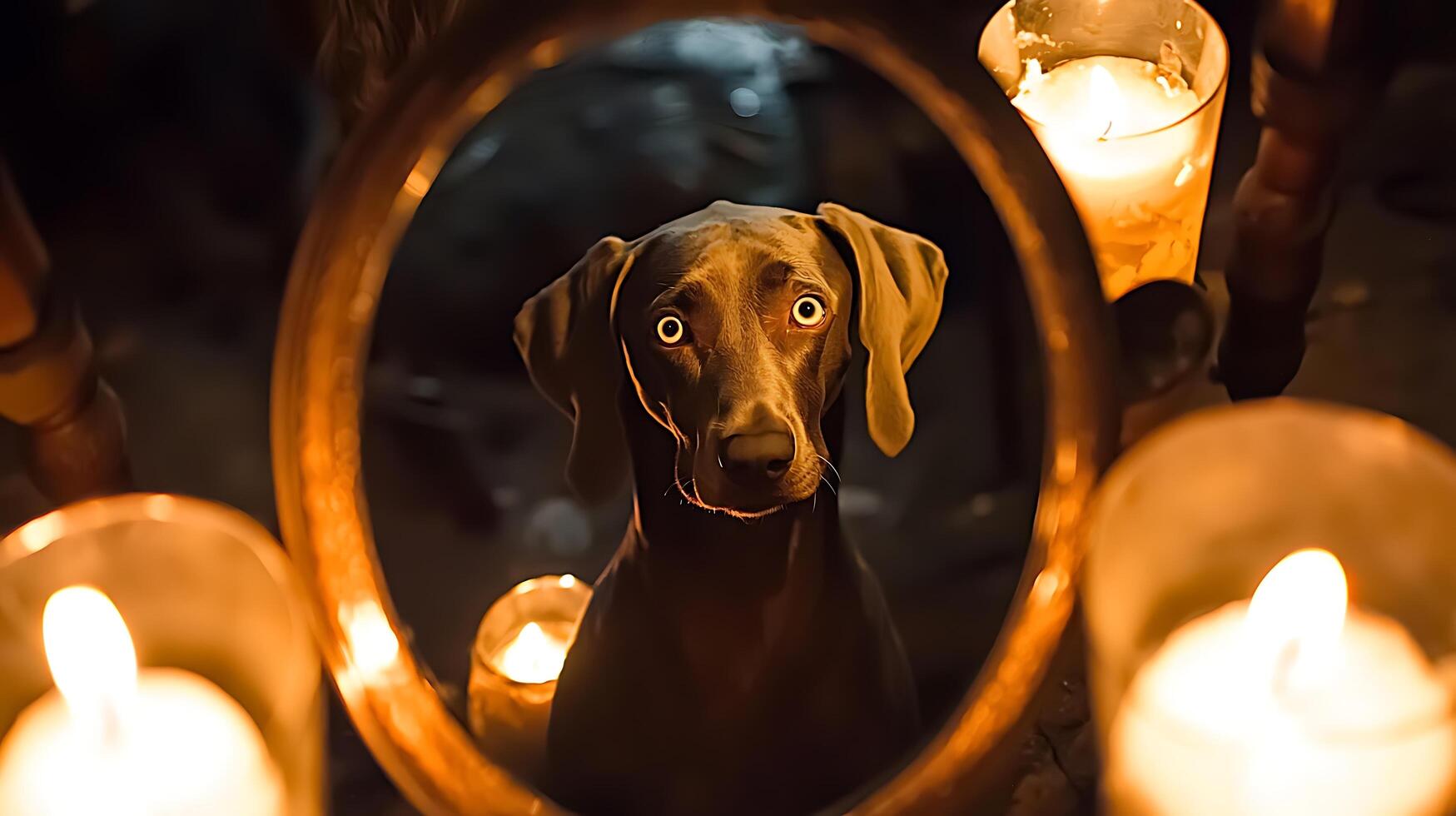 Dog's Wide Eyes Staring Back at You in Candlelight. photo