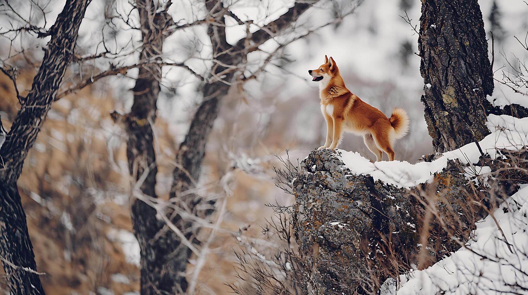 Alert Shiba Inu Dog Stands Proudly On Snowy Rock in Winter Forest. photo