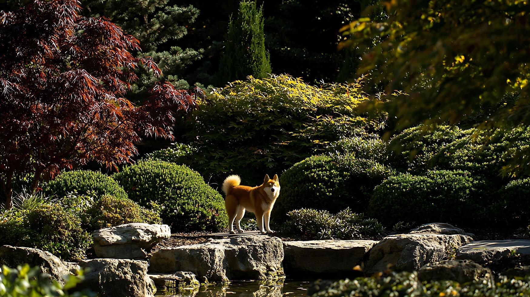 Adorable Shiba Inu dog standing in a tranquil Japanese garden pond. photo