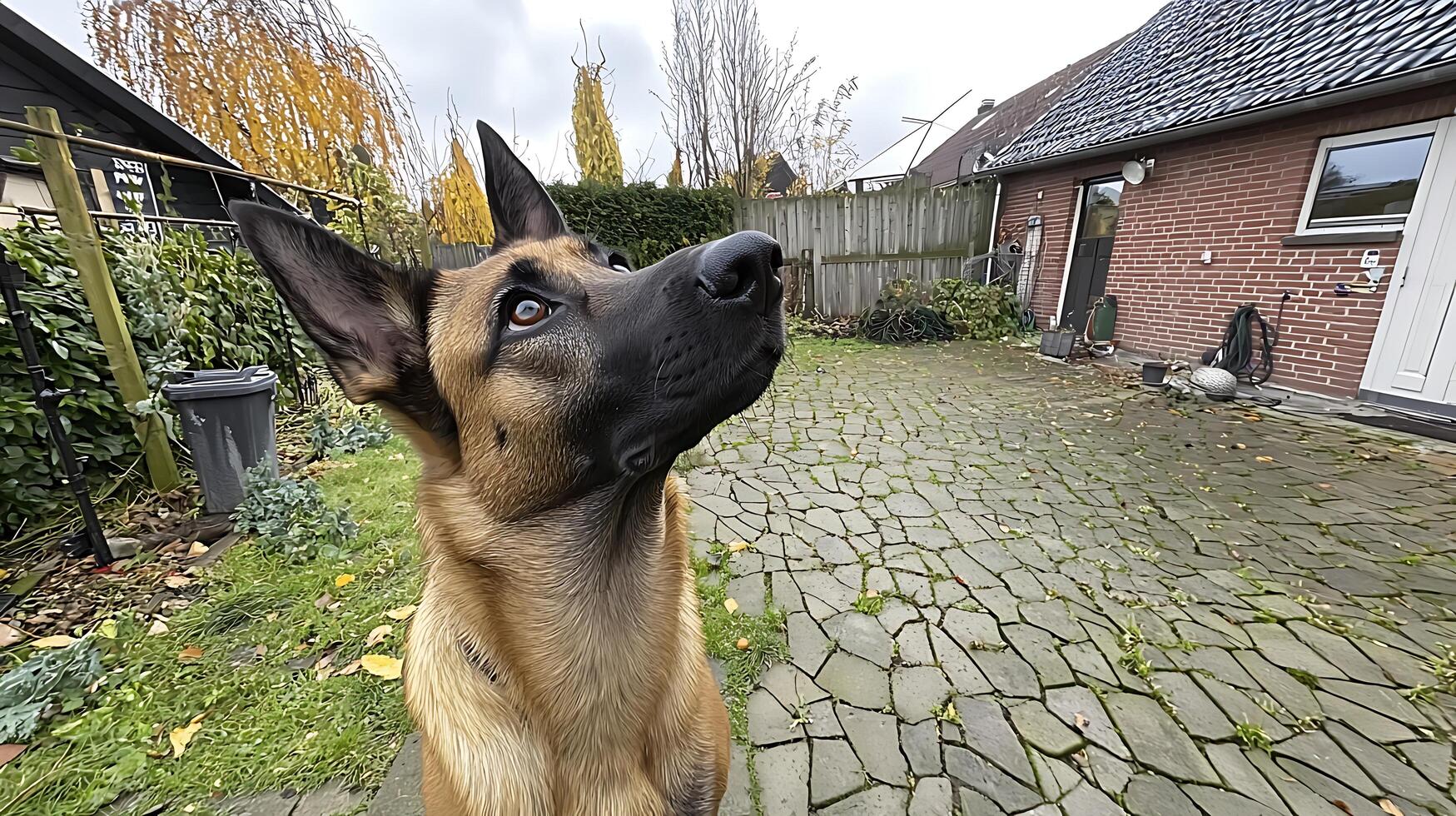 Curious German Shepherd Looks Up From Paved Backyard Patio. photo