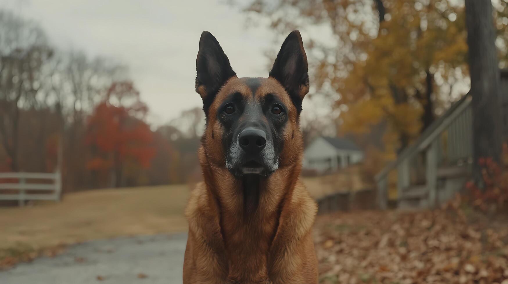 Loyal Companion Awaits German Shepherd in Autumn Landscape. photo