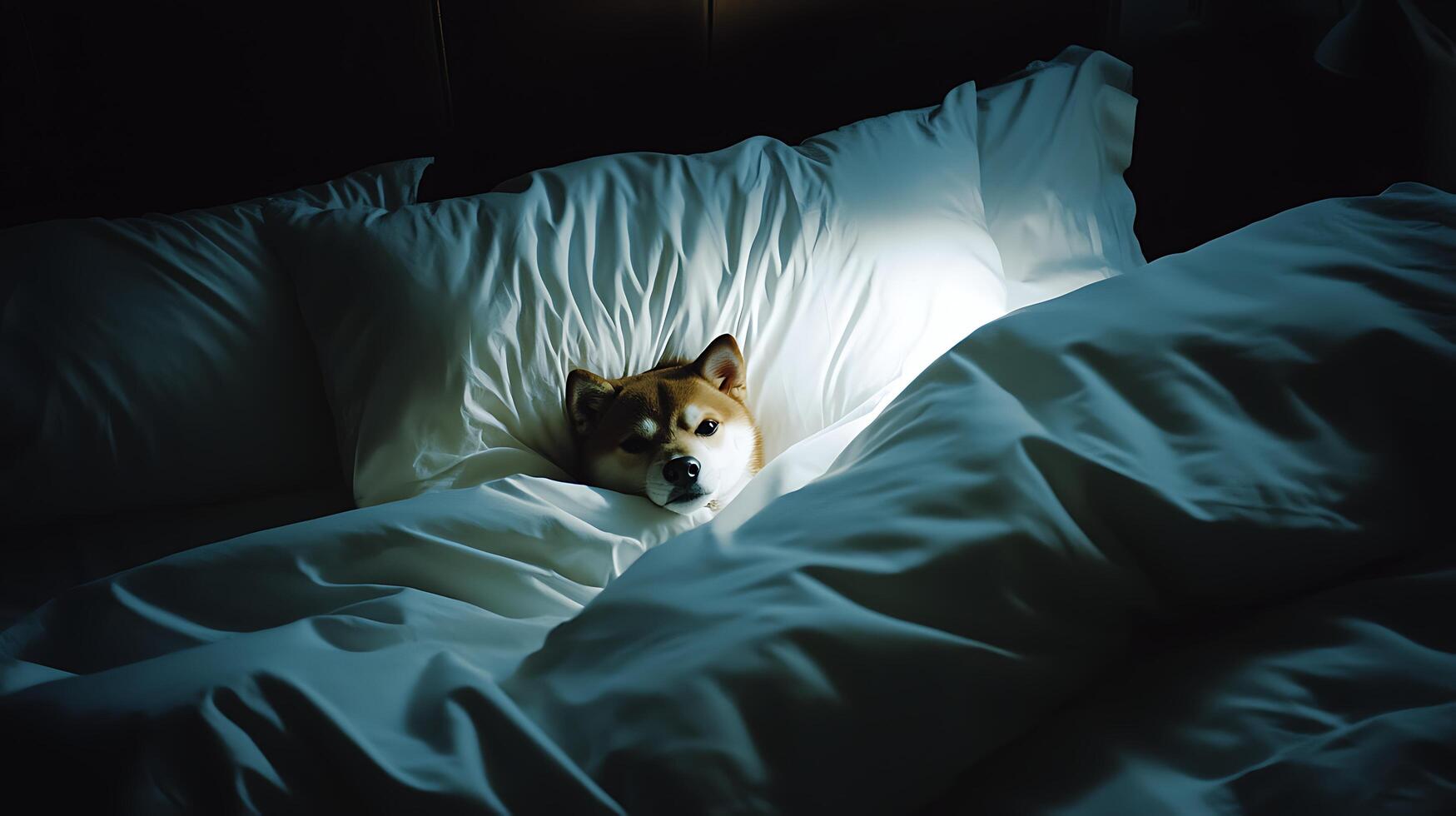 Adorable Shiba Inu Dog Cozy in Bed with Soft White Sheets. photo