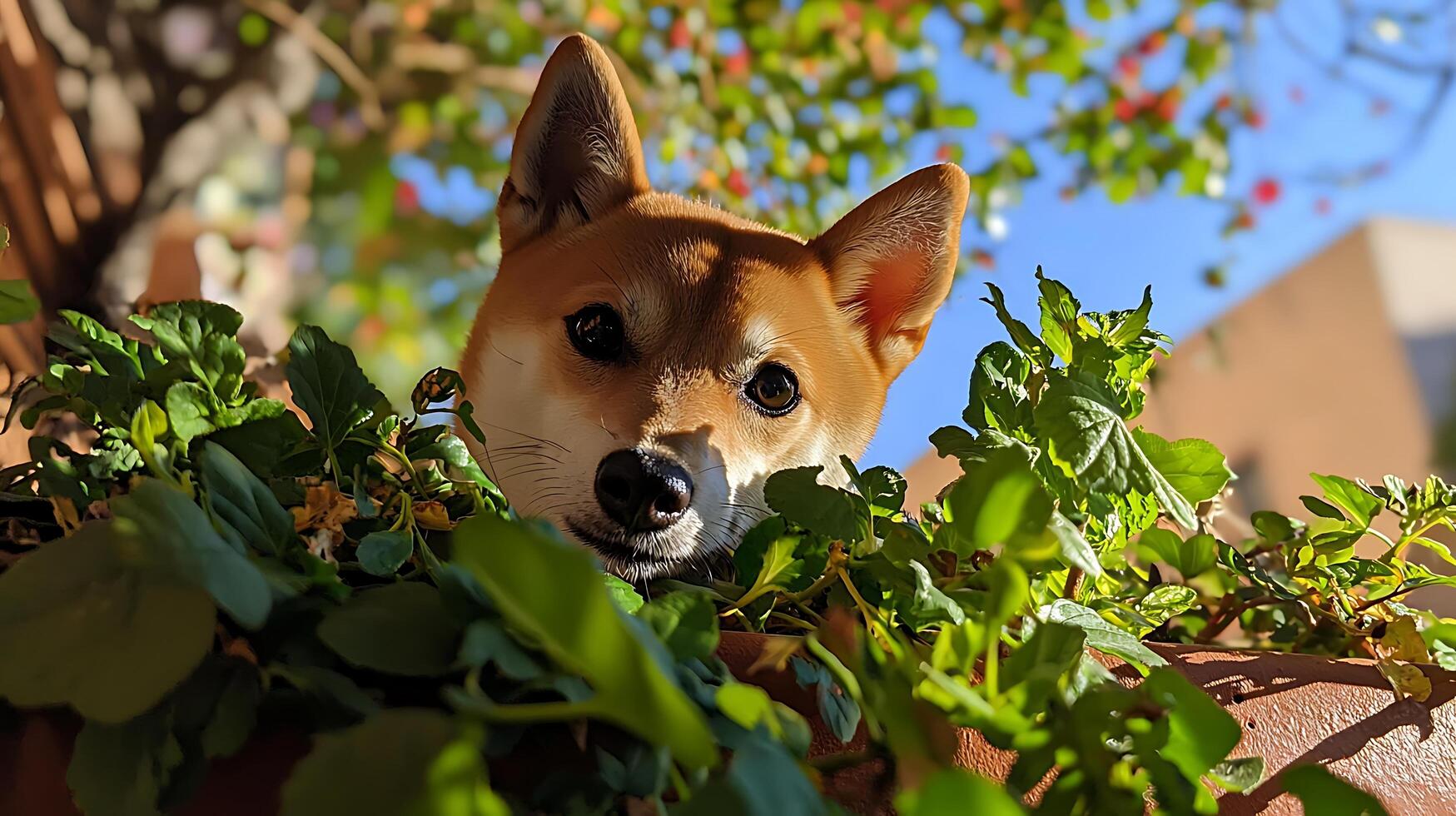Curious Shiba Inu peeking through green leaves on a sunny day. photo