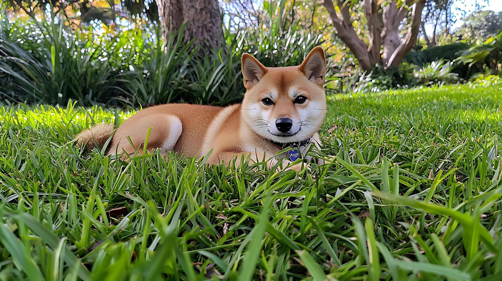 Adorable Shiba Inu Dog Resting in Lush Green Grass on a Sunny Day. photo