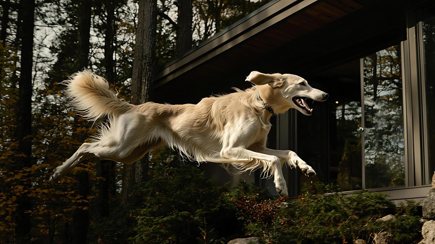 Golden Retriever leaps joyfully near a modern house. photo
