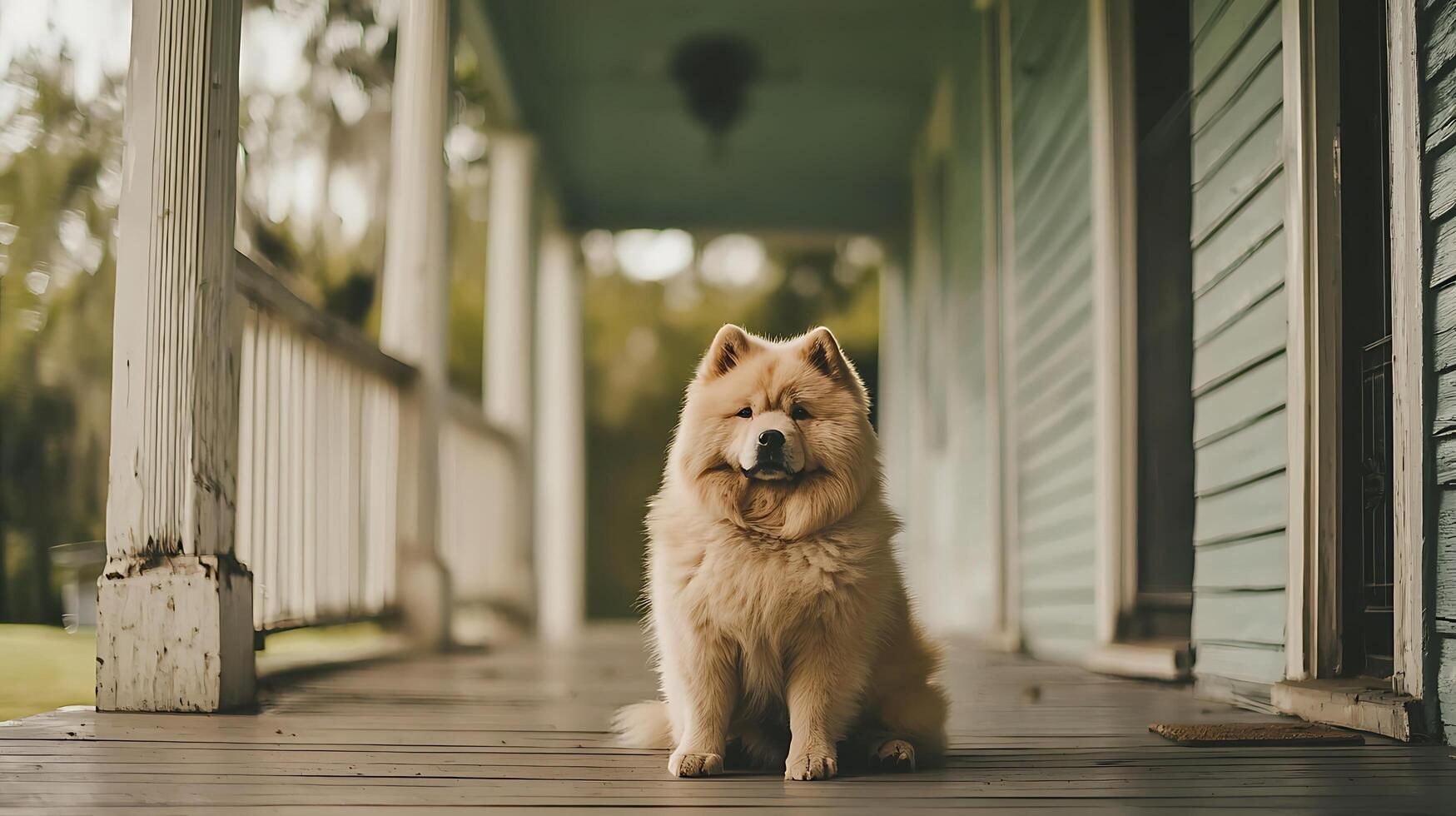 Fluffy dog sits patiently on a weathered wooden porch. photo