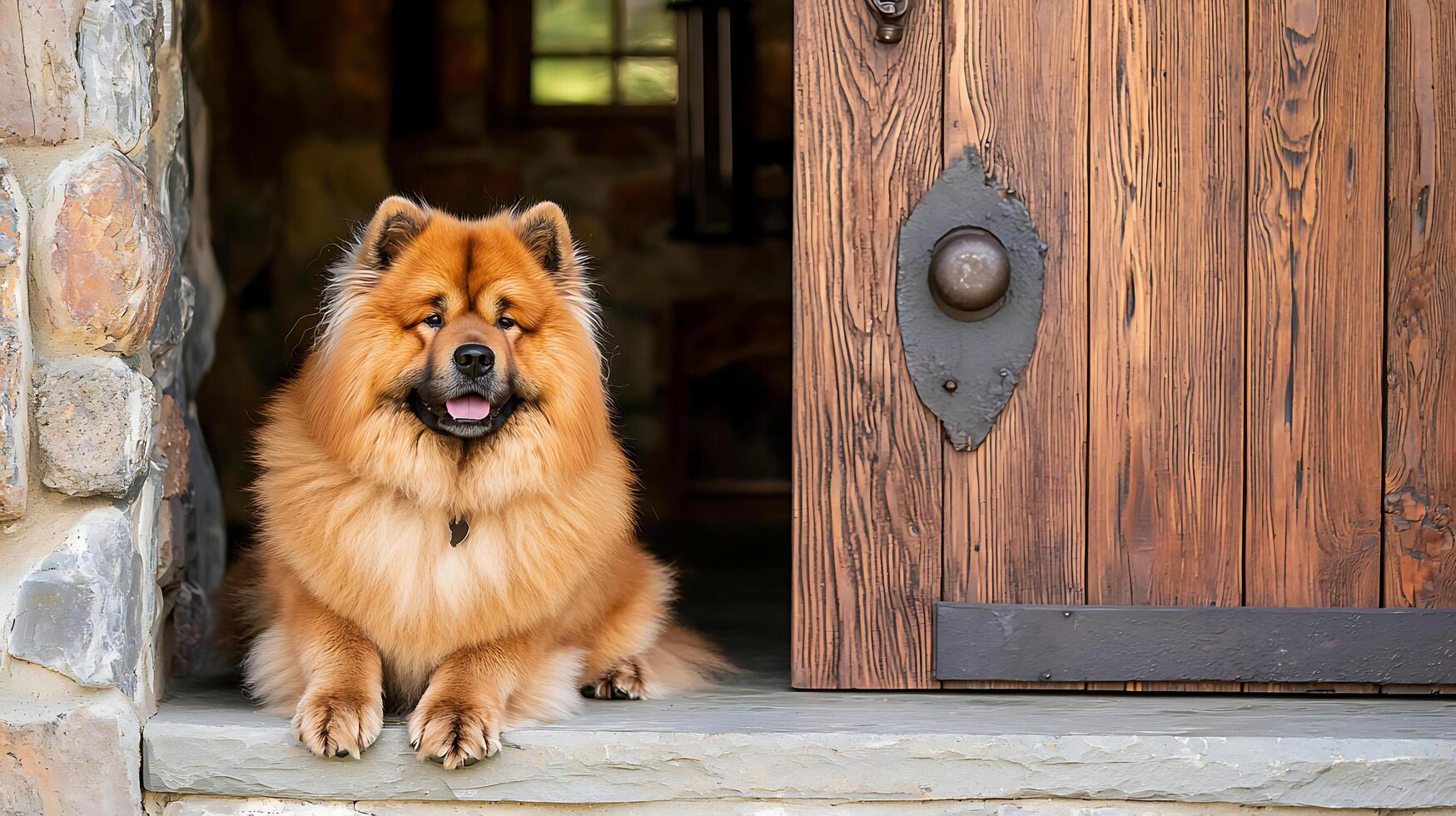 Happy Chow Chow Dog Relaxing by Rustic Wooden Doorway. photo