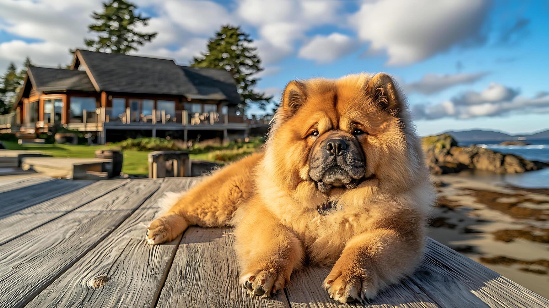 Fluffy Dog Relaxing on a Wooden Deck by the Ocean. photo