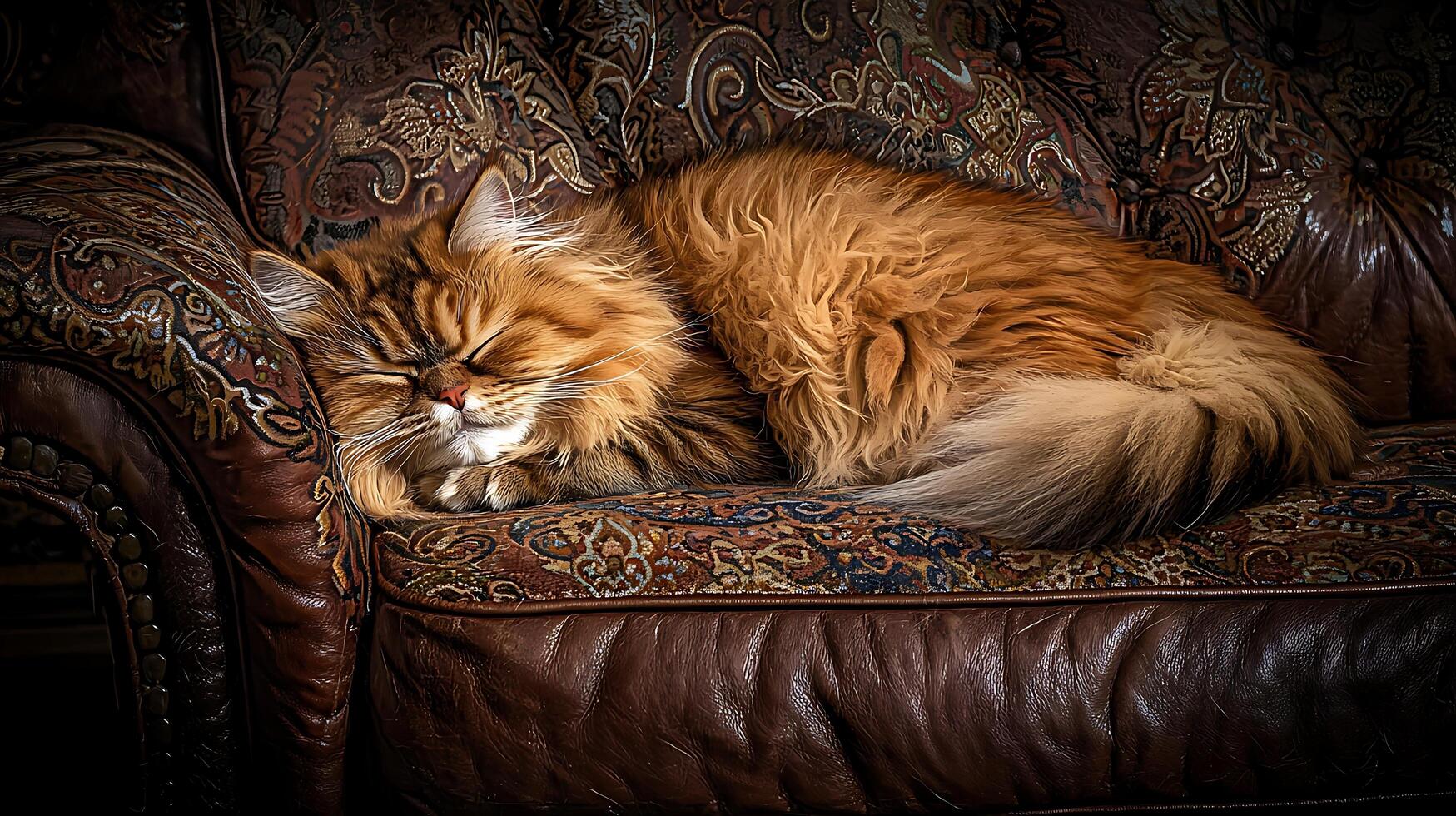 Fluffy ginger cat naps peacefully on a luxurious patterned sofa. photo