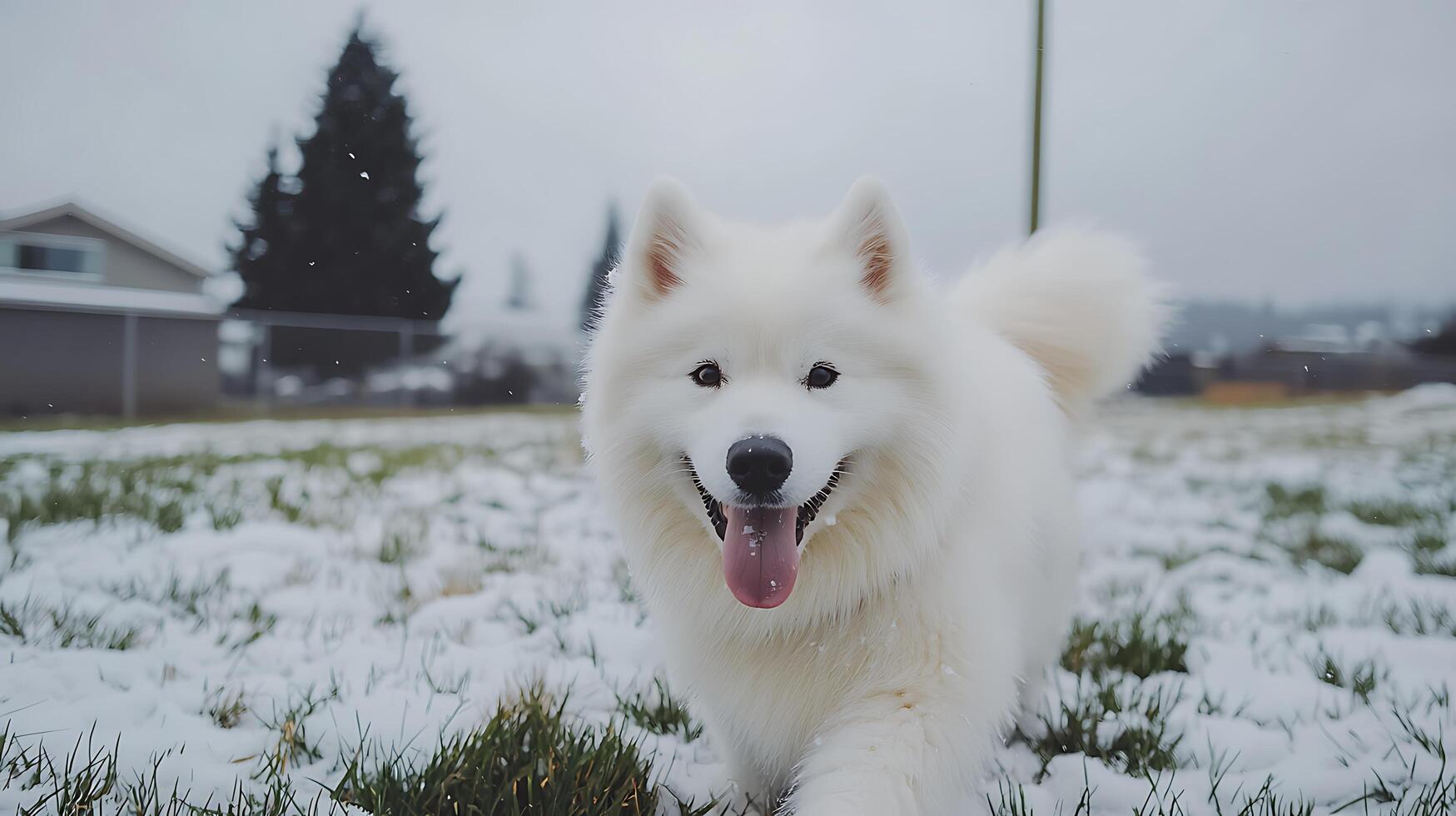 Happy Samoyed Dog Enjoys A Snowy Day Outdoors With A Smile. photo