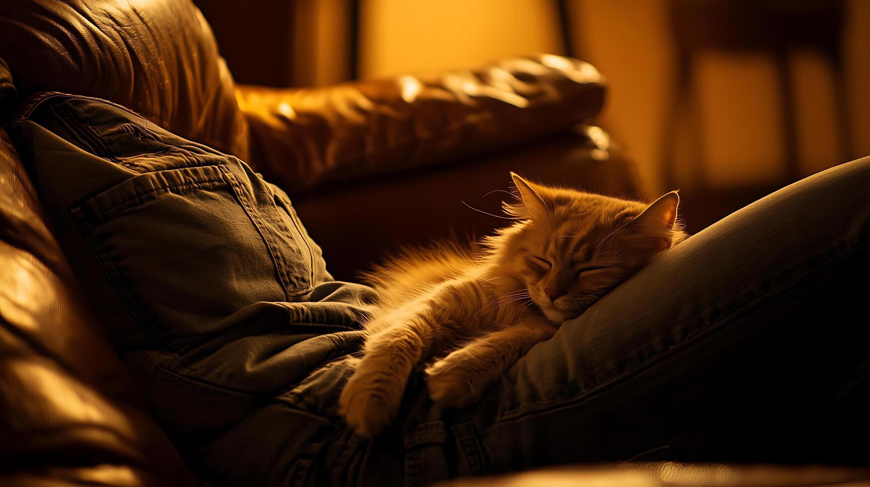Cozy Orange Cat Sleeping Comfortably on Person's Lap in Warm Light. photo