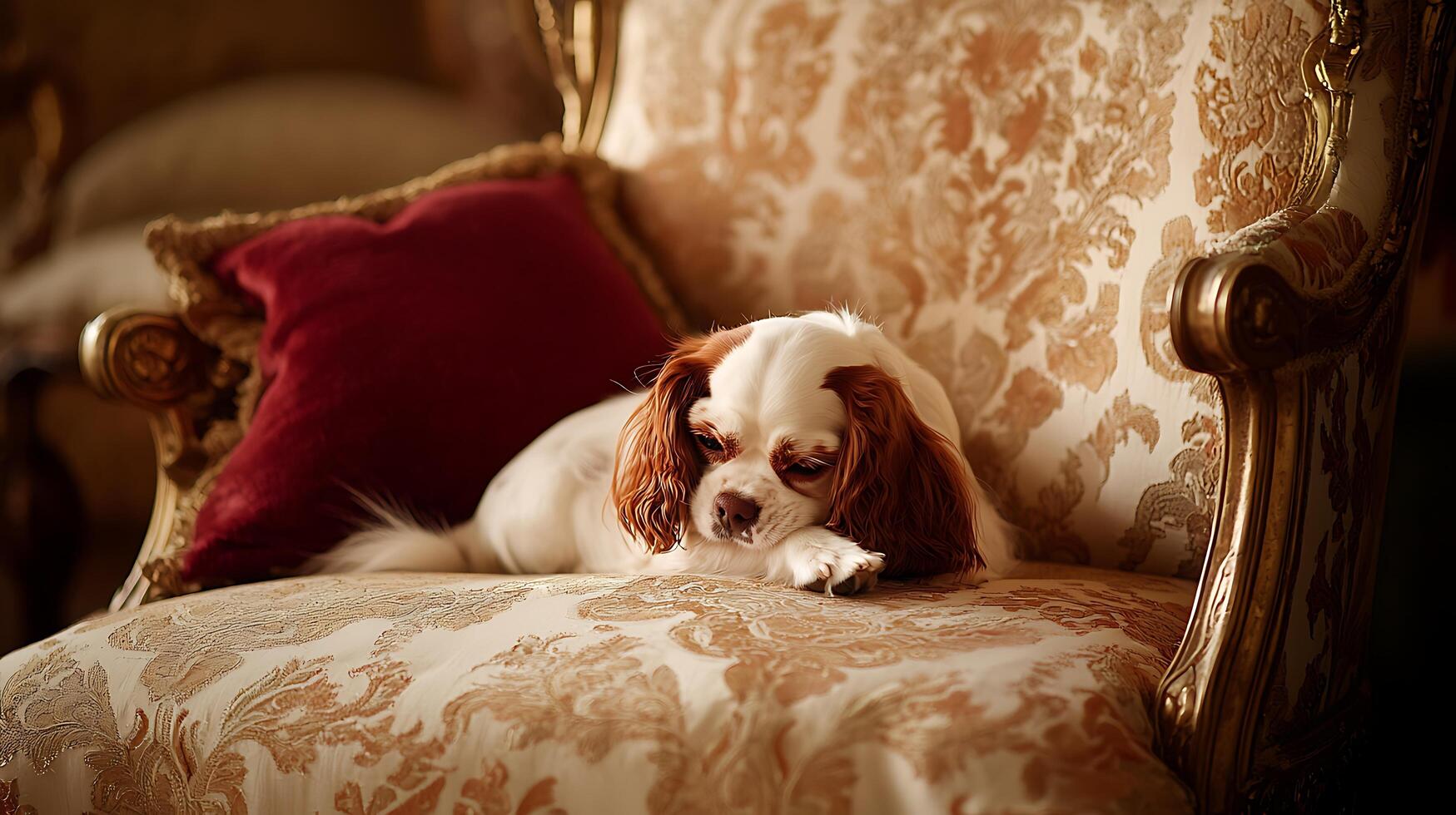 A Sleepy Cavalier King Charles Spaniel Lounging in Luxury. photo