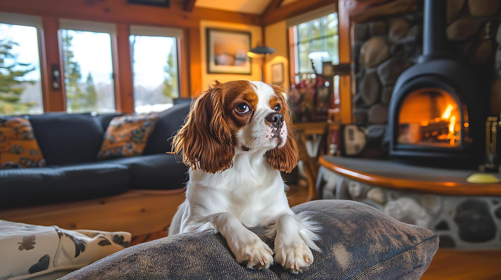 Cozy Canine Companion by a Warm Fireplace in a Rustic Cabin. photo