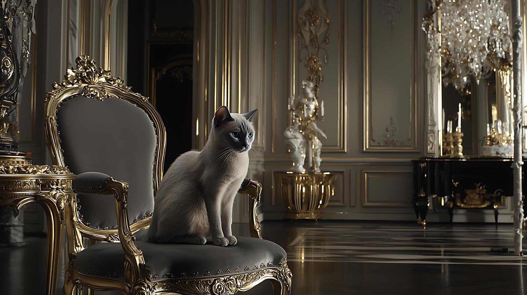 Regal Siamese Cat Sits Gracefully in a Luxurious Ornate Room. photo