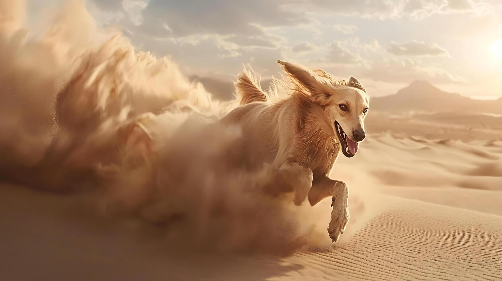 Joyful dog running through sand dunes kicking up dust. photo