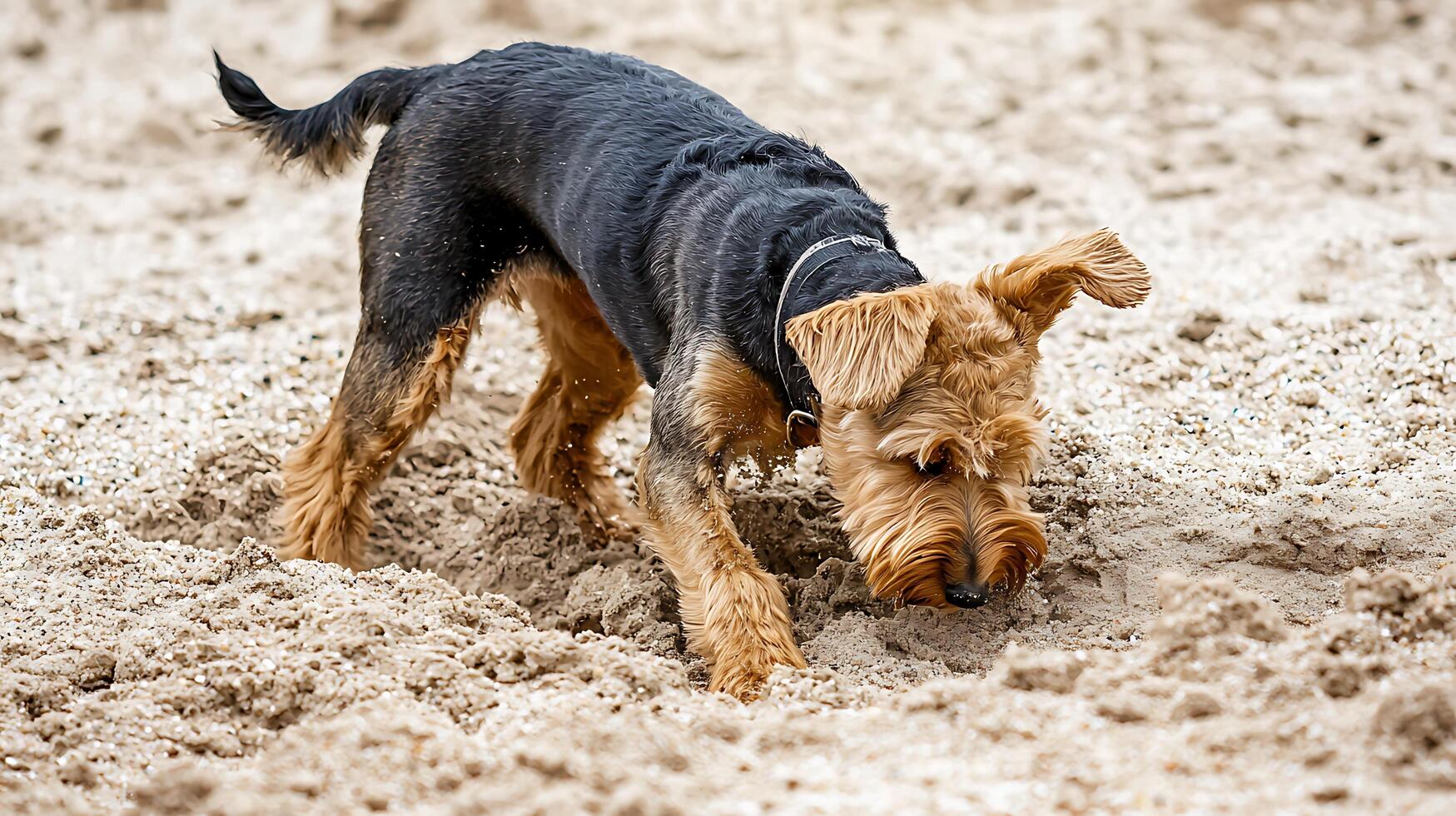 Adorable terrier digging in the sand with playful curiosity. photo