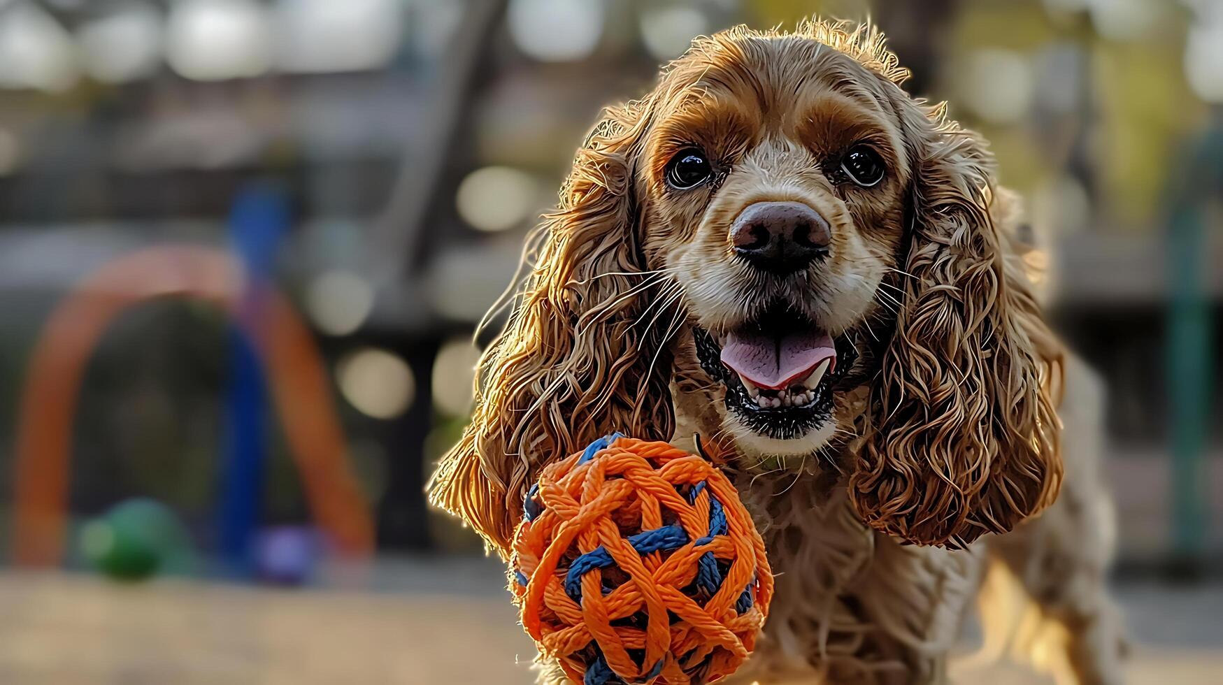 Happy Dog with Toy Ball in Sunlight. photo