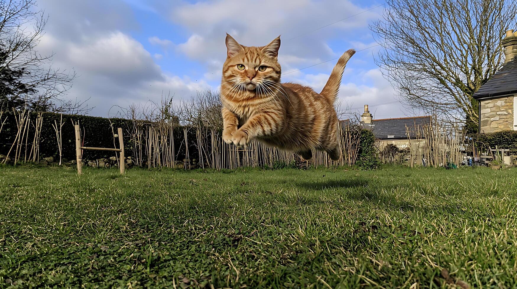 Ginger Cat Leaps Gracefully Through Green Backyard Under Cloudy Sky. photo