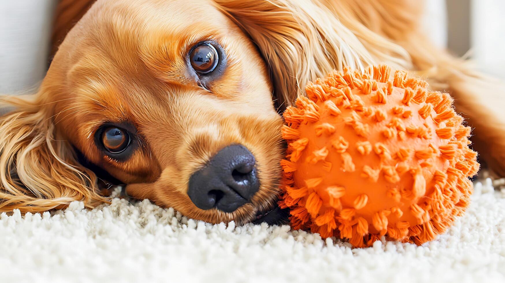 Golden Retriever Puppy with Toy Ball on Cozy White Rug. photo