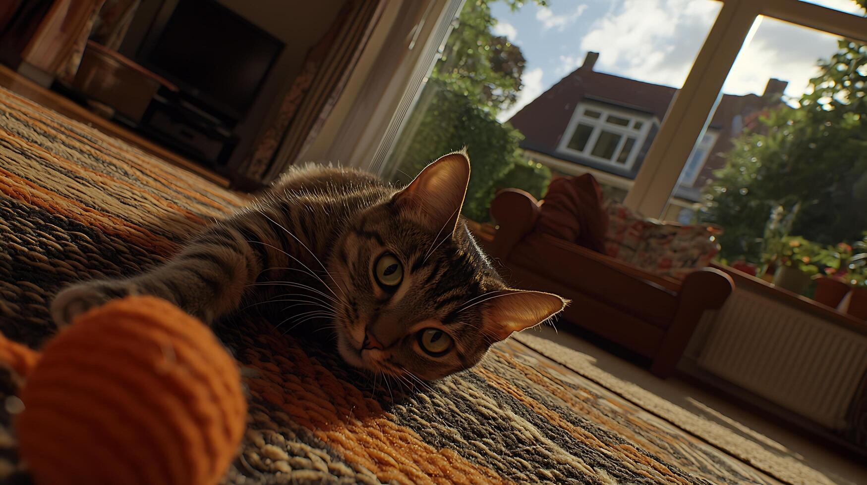 Adorable Tabby Cat Peeking Out from Behind an Orange Toy. photo