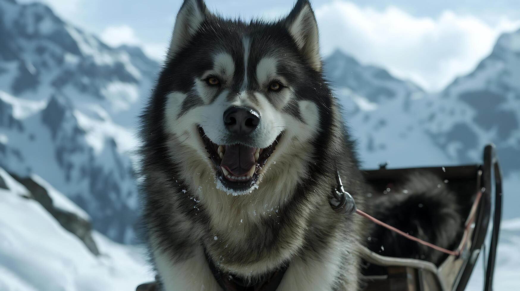 Happy Husky Sled Dog Ready for Adventure in Snowy Mountains. photo