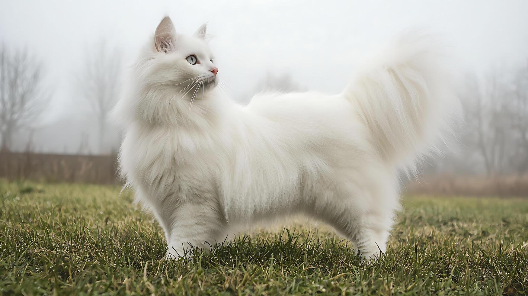Majestic white cat with striking blue eyes surveys its misty surroundings. photo