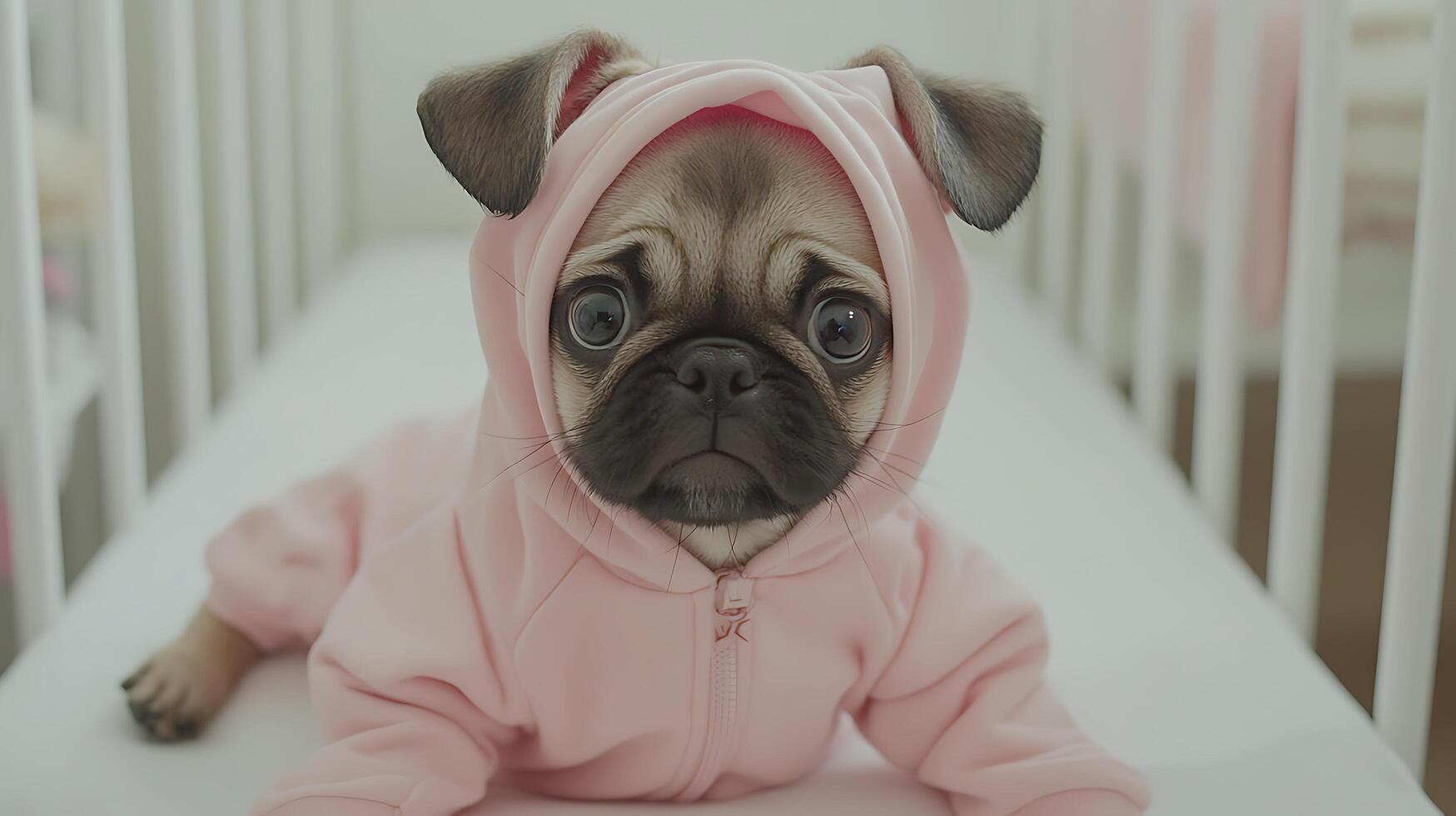 Adorable Pug Puppy Wearing a Pink Hoodie Looking Directly at the Camera. photo