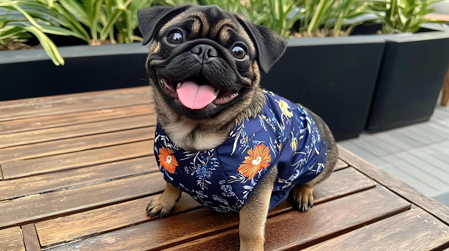 Adorable Pug Dog Wearing a Blue Floral Shirt Outdoors. photo