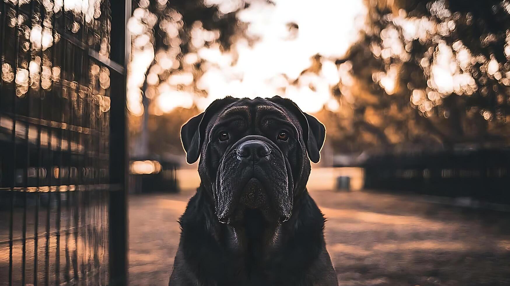 Majestic Cane Corso dog with intense gaze, bathed in warm sunset light. photo