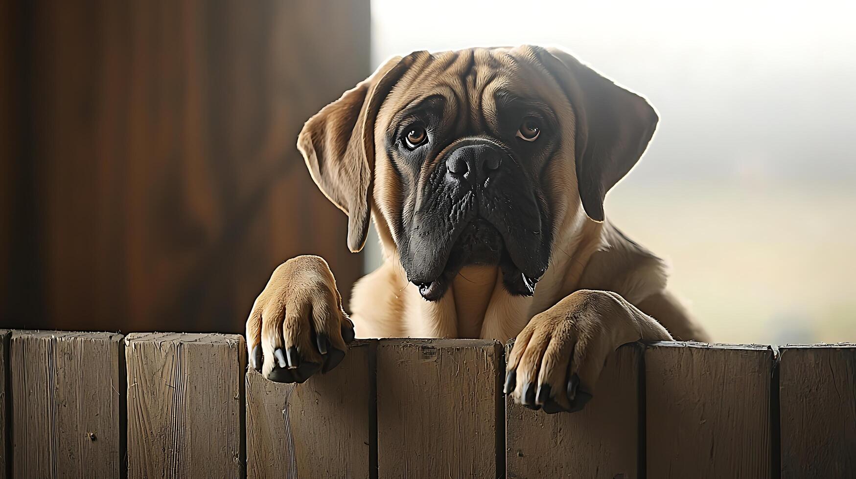 Gentle giant dog peeking over wooden fence looking for attention. photo