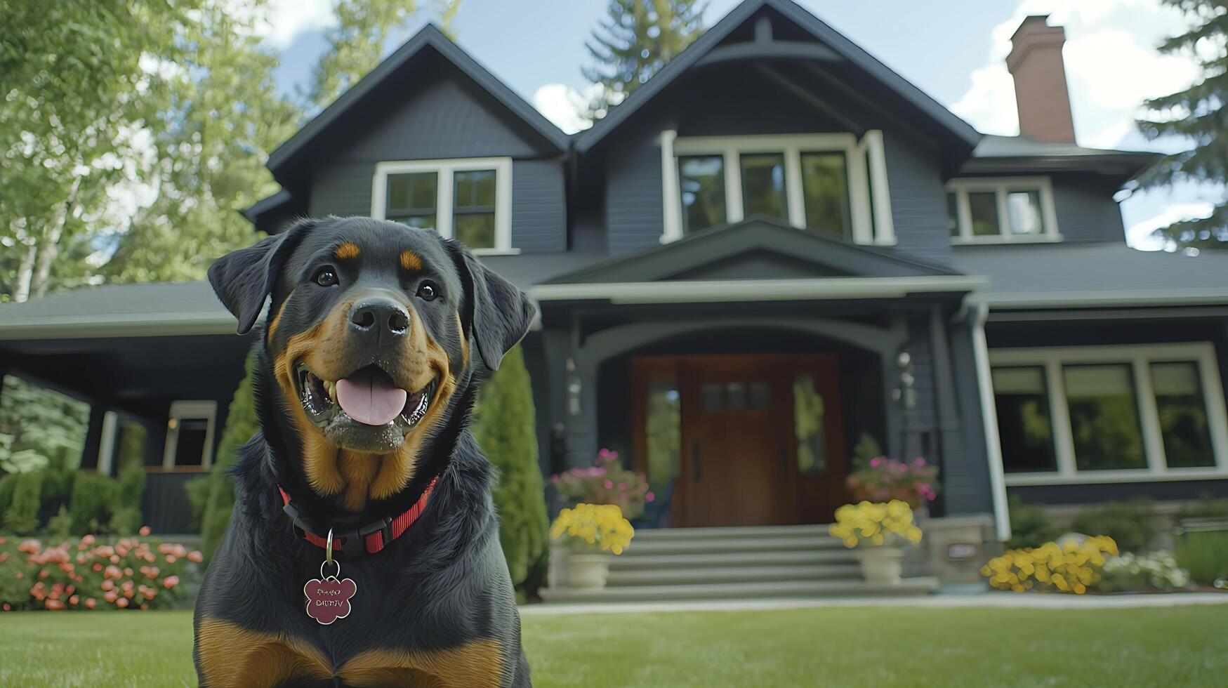 Happy Rottweiler Dog Sits in Front of a Beautiful Suburban House. photo