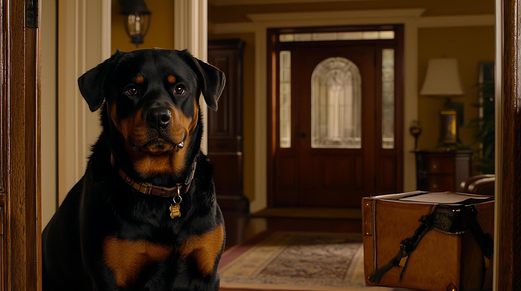 A Loyal Rottweiler Guarding the Home Entrance with a Vintage Suitcase. photo