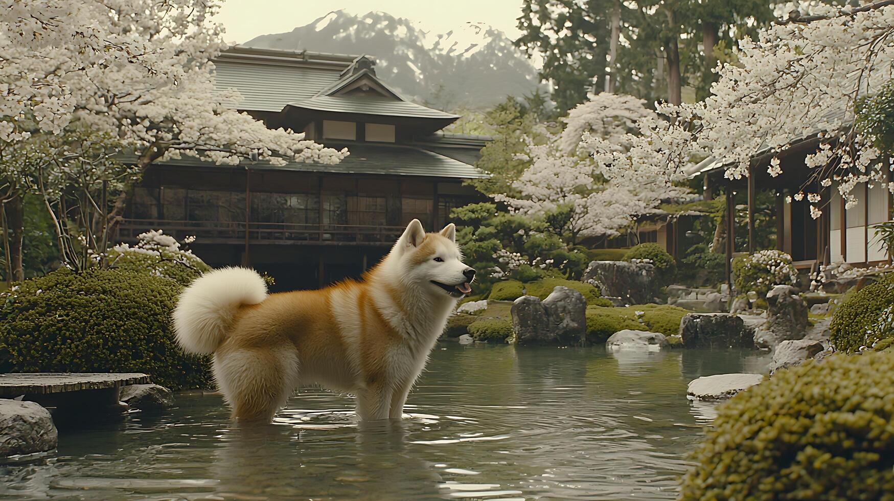 Majestic Akita Dog Stands in Serene Japanese Garden Pond Amidst Cherry Blossoms. photo