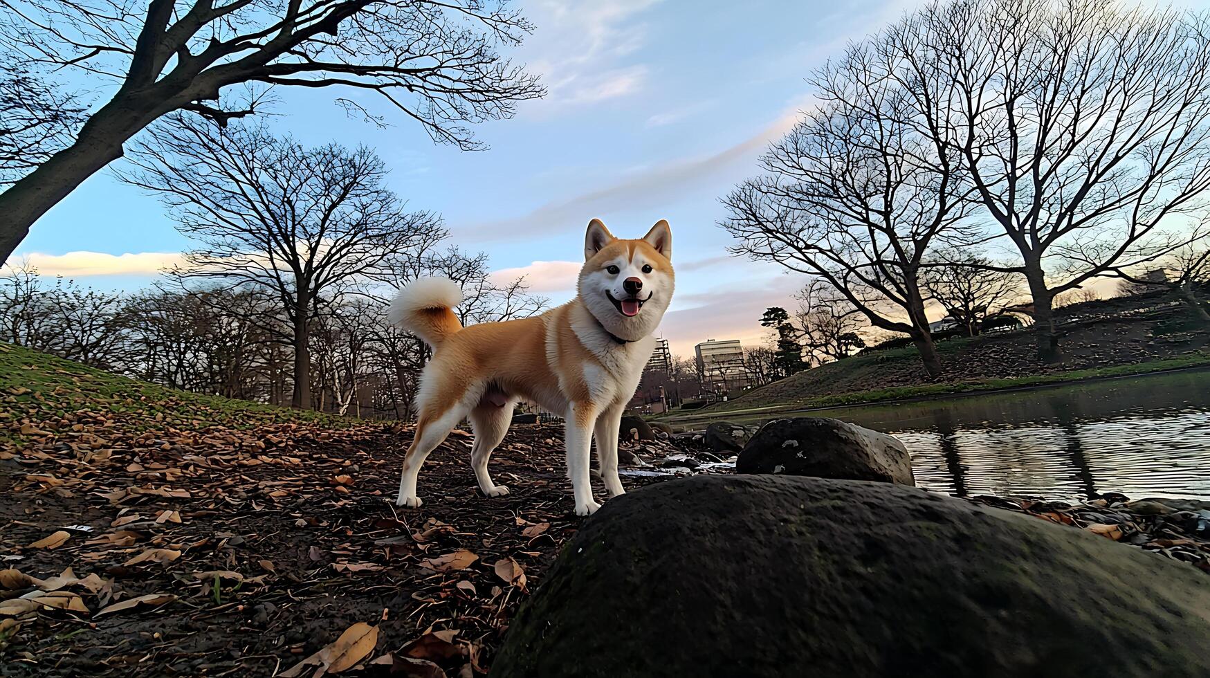 Happy Akita Dog enjoys a crisp autumn afternoon by the pond. photo