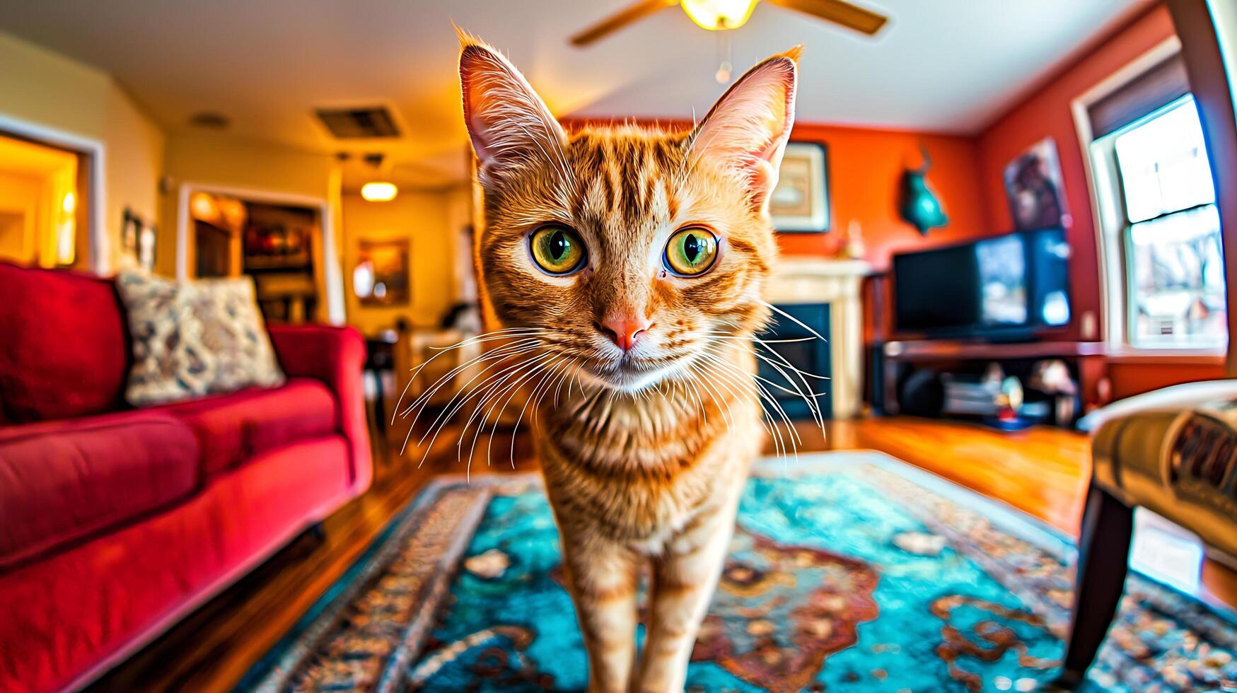Close Up of a Curious Ginger Cat's Face Indoors. photo