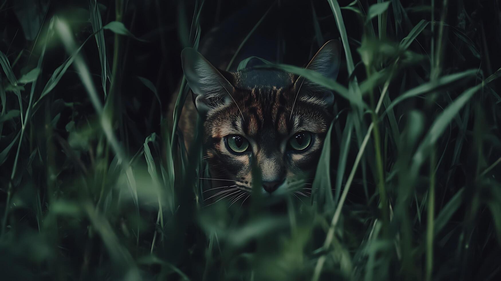 Mysterious Cat Peeking Through Lush Green Foliage. photo