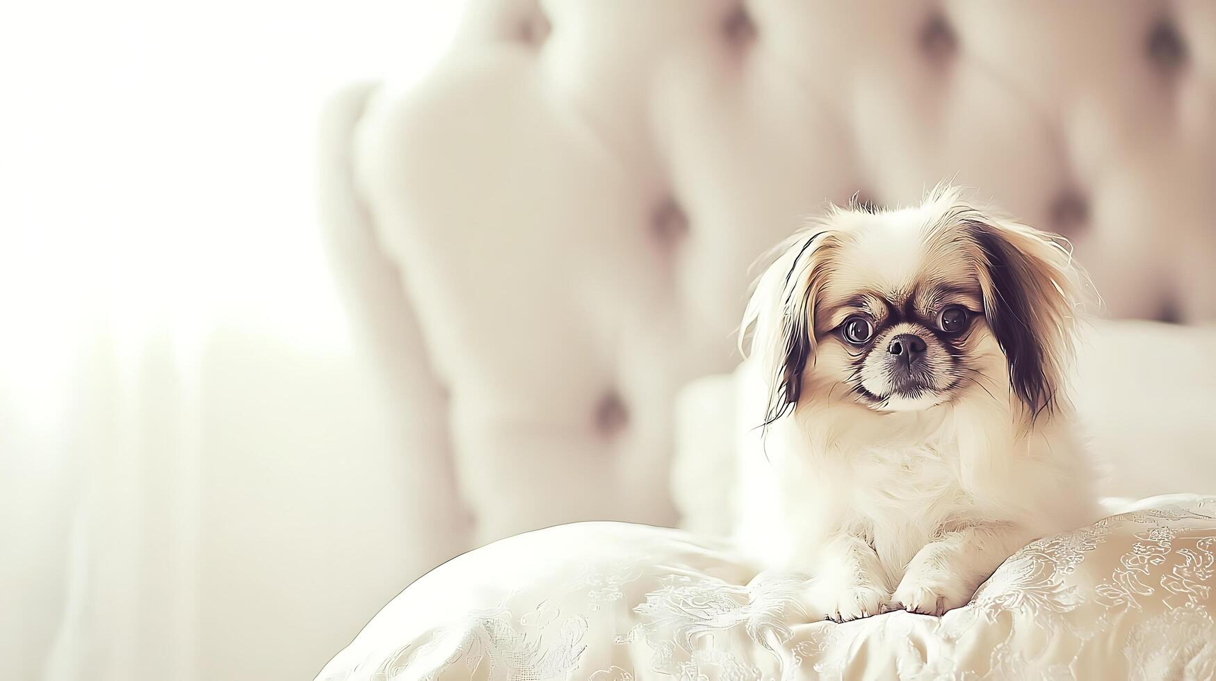 Adorable fluffy dog with big innocent eyes resting on a soft bed. photo