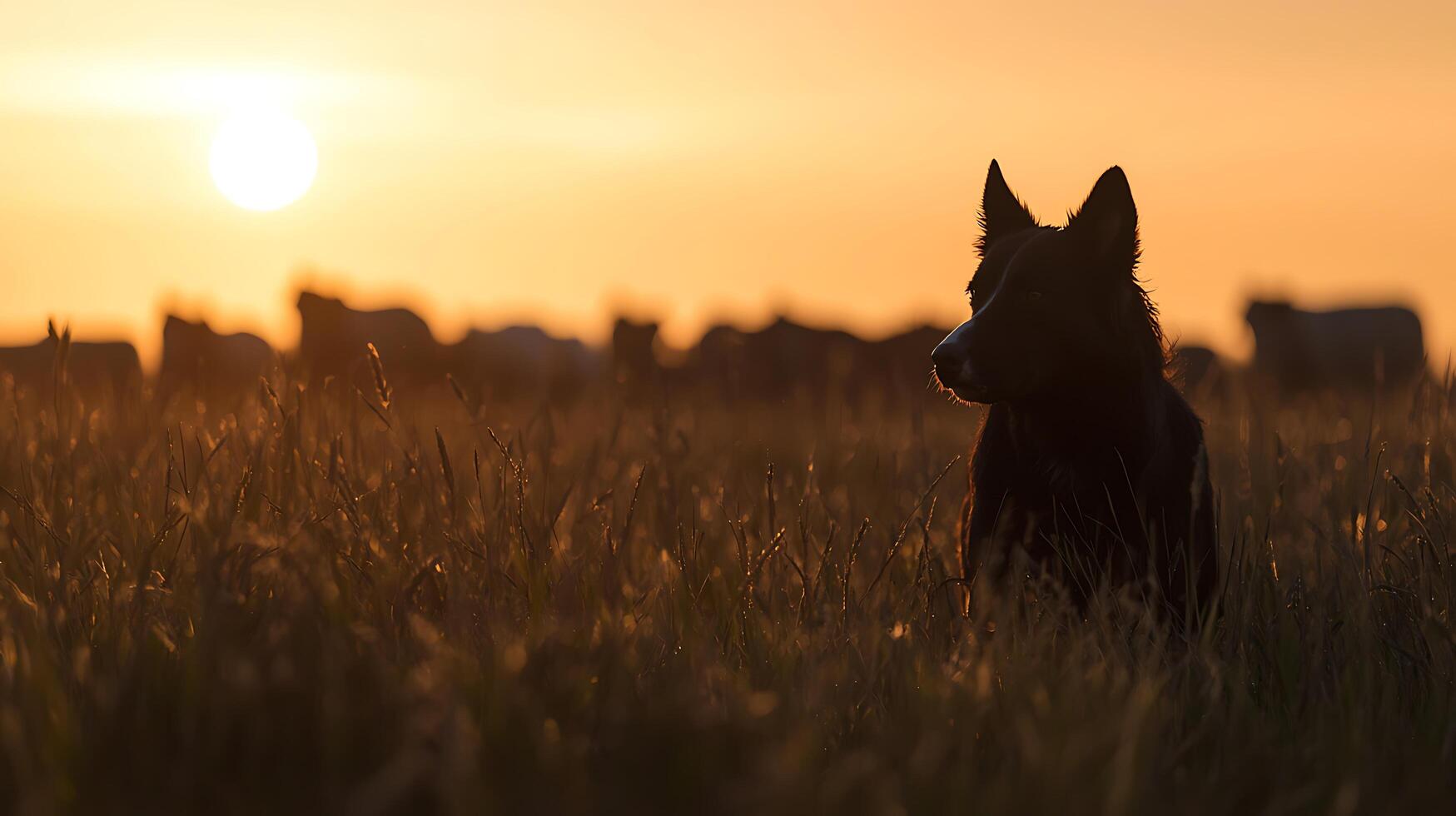 Black dog watches cattle at sunrise in a golden grassy field. photo