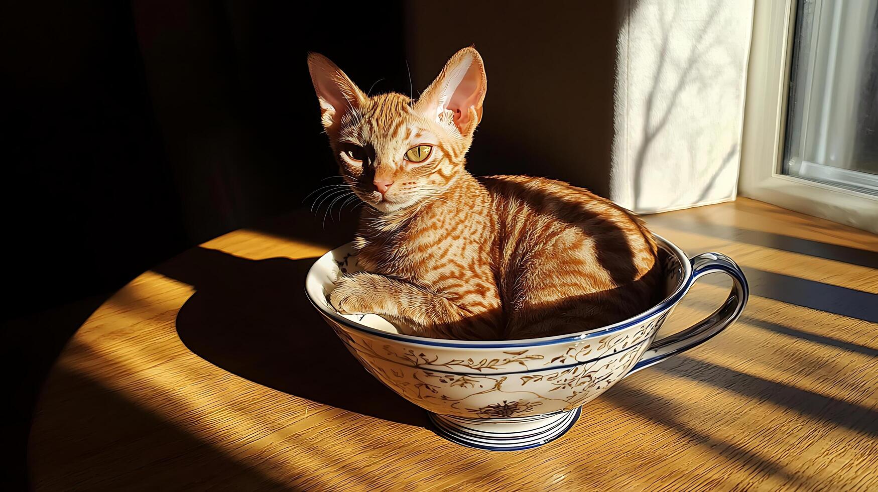Adorable Kitten Relaxing Inside a Fancy Tea Cup in Sunlight. photo