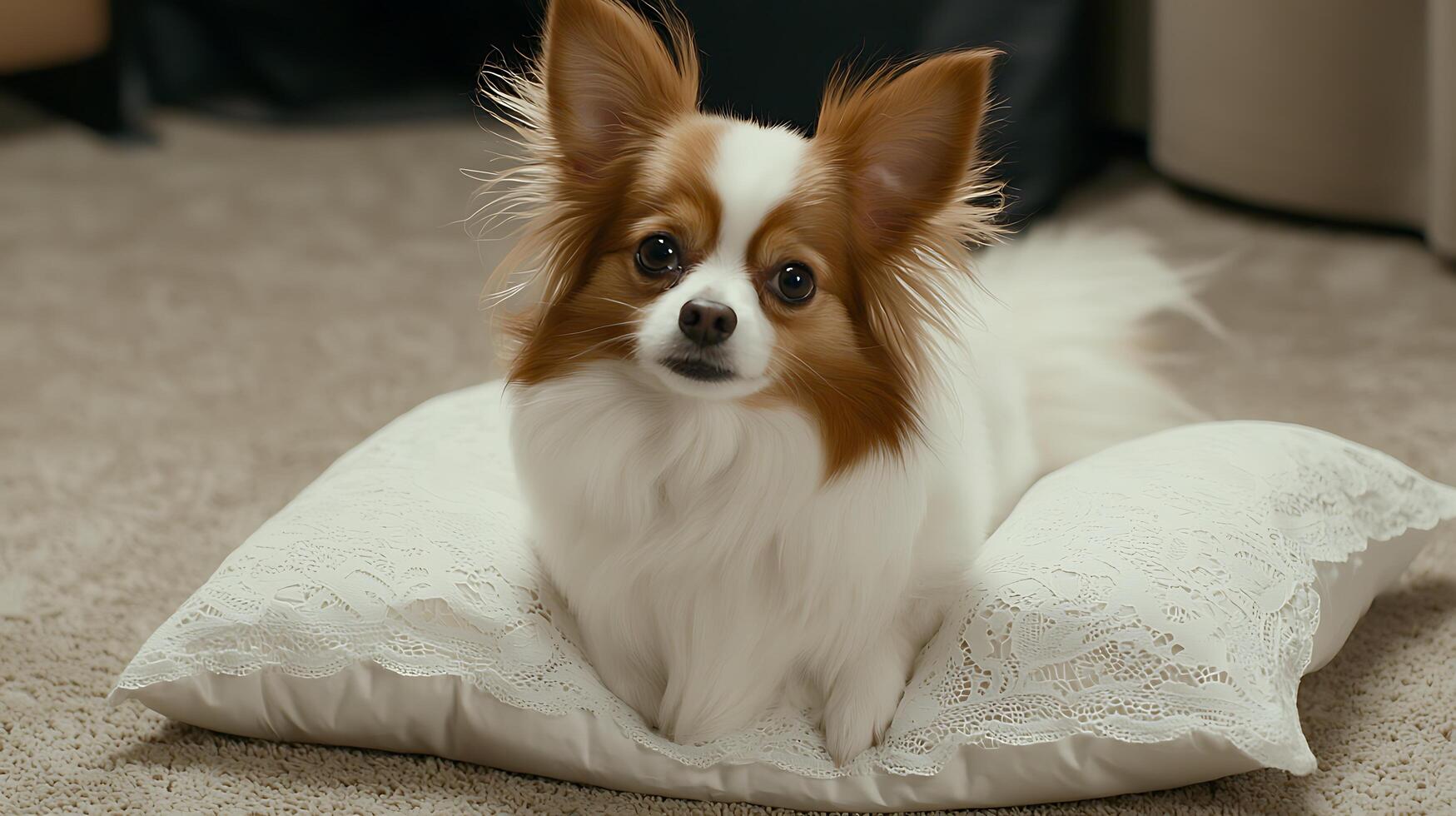 Adorable Papillon Dog Resting on a Lacy Pillow in a Cozy Home. photo