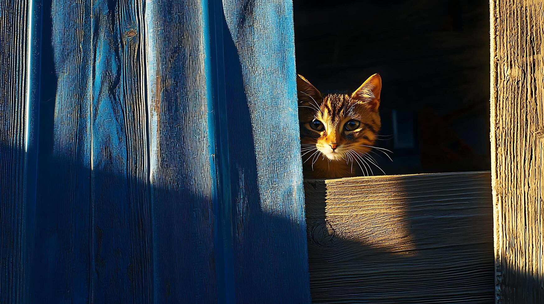Curious Cat Peeking From Window in Warm Golden Sunlight. photo