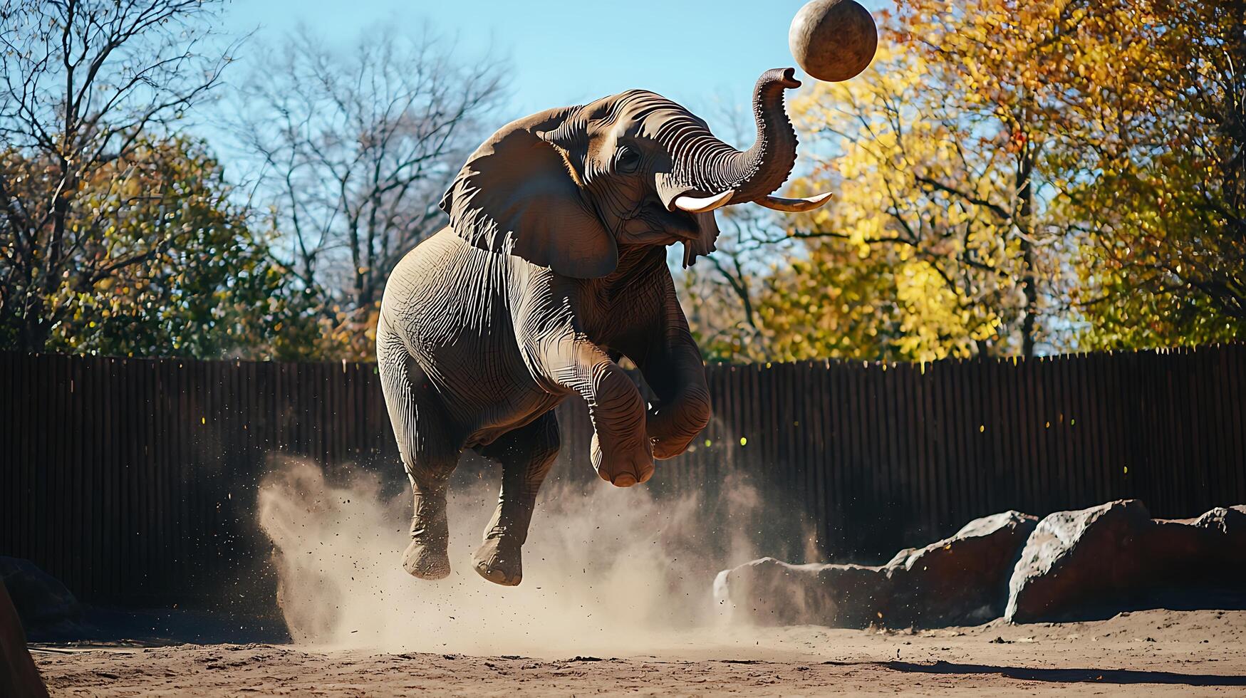 Majestic elephant leaps in air, playing with a ball during autumn. photo