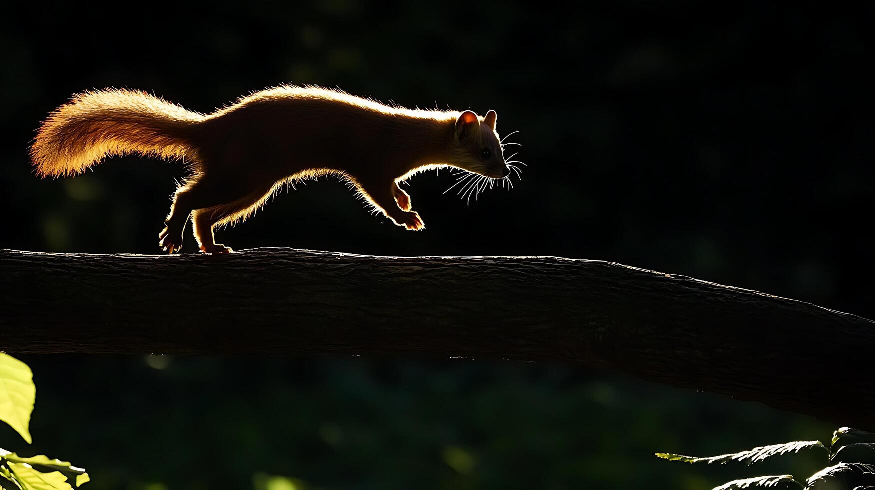 Golden Silhouette Of A Squirrel Leaping On A Branch At Sunrise. photo