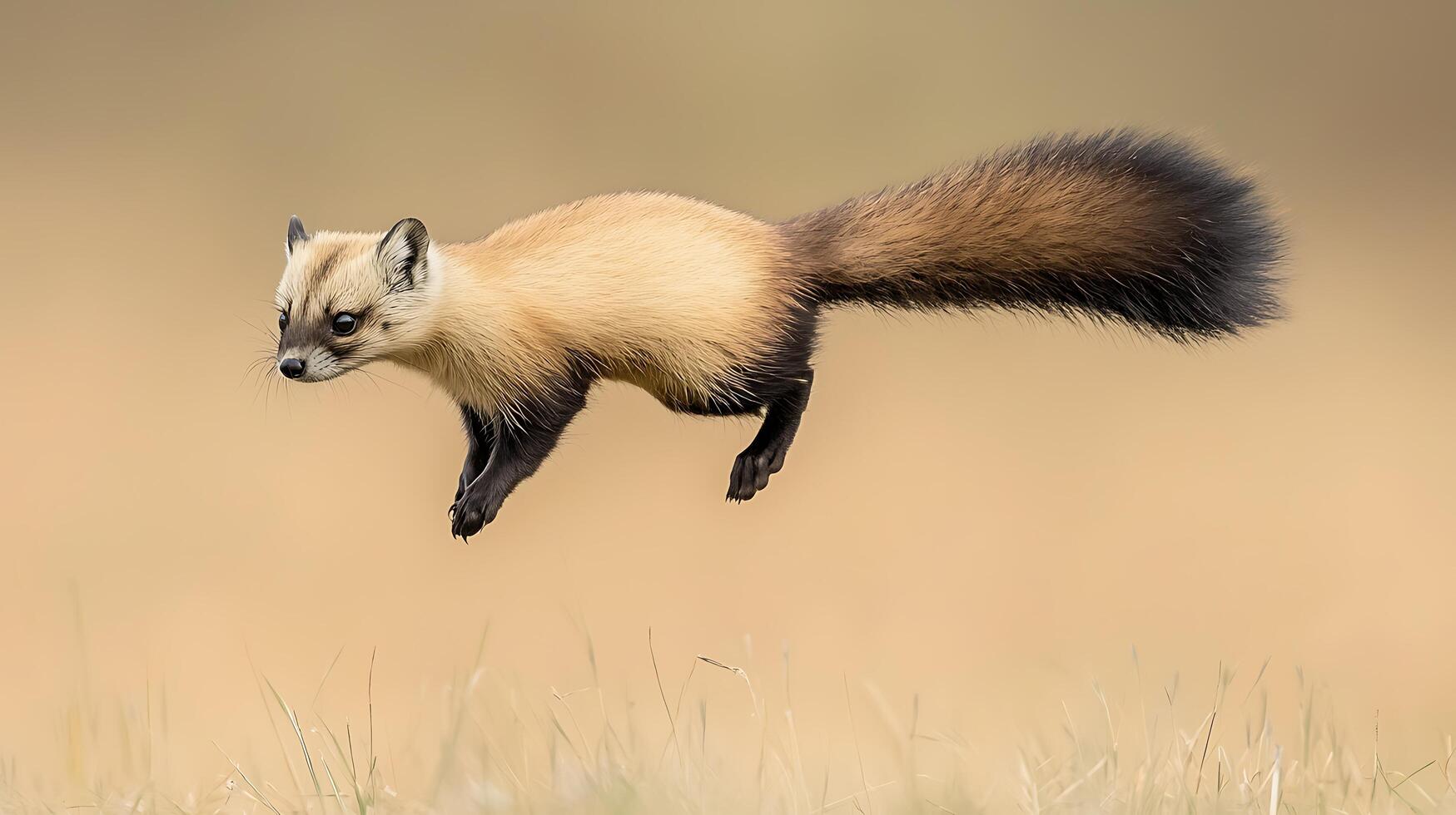 Graceful Creature Soars Through the Air with Fluffy Tail. photo
