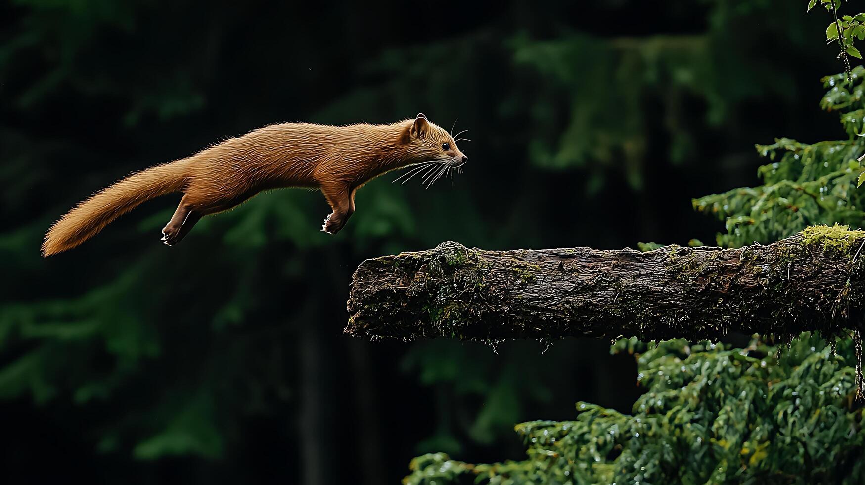 A Small Animal Leaps Across a Mossy Branch in the Forest. photo